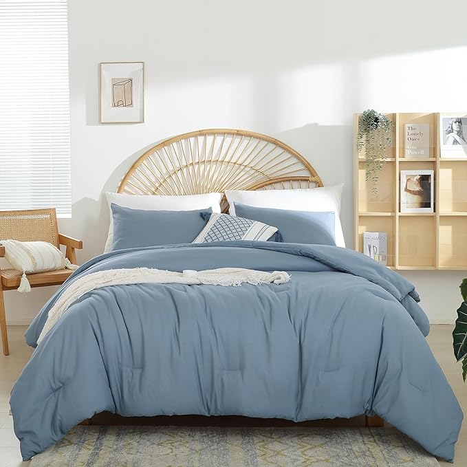 Dusty Blue Comforter Set Twin Boho Grayish Blue Twin Comforter with 1 Pillowcases - Soft Lightweight Cozy Bedding Set for All Season - Beige Comforter Twin Size for Women Teens Kids