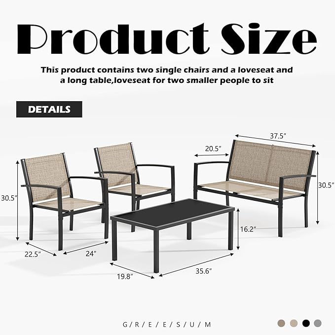 Greesum 4 Pieces Patio Furniture Set, Outdoor Conversation Sets for Patio, Lawn, Garden, Poolside with A Glass Coffee Table, Beige