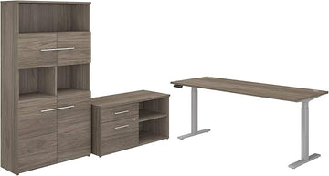 Bush Business Furniture Office 500 72W Height Adjustable Standing Desk with Storage and Bookcase in Modern Hickory