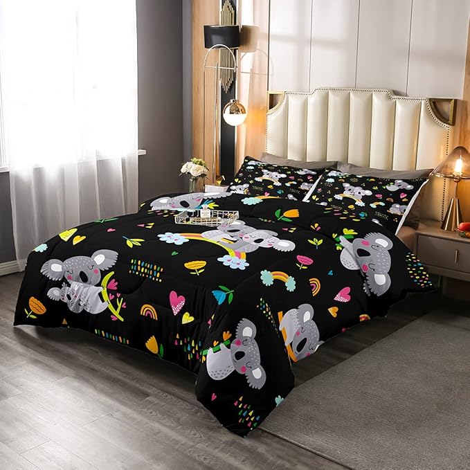 Erosebridal Koala Comforter Set, Kids Rainbow Bedding Set Queen Size Flower Love Heart Duvet Sets for Girls Boys Children Cute Animal Cartoon Down Comforter 3 Pieces with 2 Pillow Cases, Black