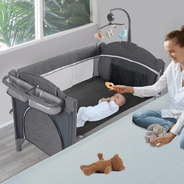 5 in 1 Baby Crib,Baby Bassinet, Bedside Cribs, Pack and Play with Bassinet and Changing Table, Portable Travel Baby Playpen with Bassinet Toys & Music Box,Mattress for Girl Boy Infant Newborn (Grey)