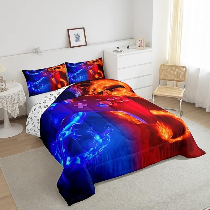 Ice Fire Dragon Comforter Set for Boys Teens Kids Gamer Games Room Decor Bedding Set Blue Red Gaming Gamepad Down Comforter ,Fairy Tale Animals Theme Room Decor 2Pcs Duvet Insert Twin Size,Soft