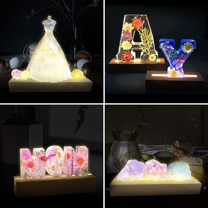 LED Light Display Base, 2 pcs 11.81 Inch Wooden LED Light Base for Acrylic, Rectangle Wood Display Pedestal, 3D Crystal Light Base For Glass Art, Wood Night LED Light Lamp Base with Usb Switch