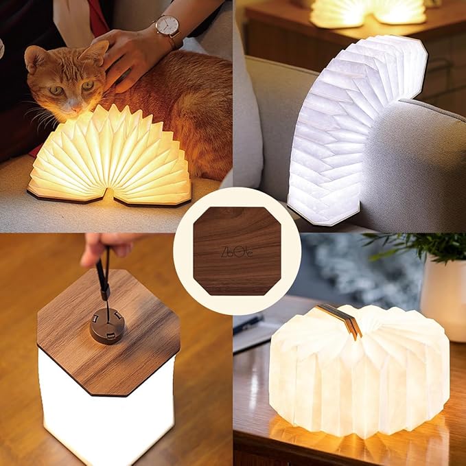 Originality Folding Accordion Lamp, Portable Wooden Desk Lamp, Ambient Lighting, Creative LED Paper Lantern with USB for (Walnut)
