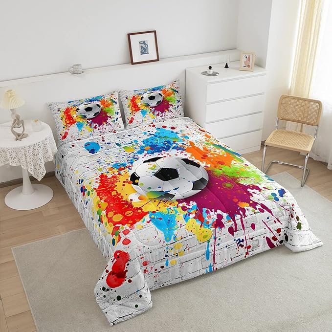 Feelyou Football Bedding Set Rugby Sports Comforter Set Soccer Ball Game Comforter for Boys Girls Teens Decor Gift for Football Lover Duvet Set Queen Size with 2 Pillow Case Boys