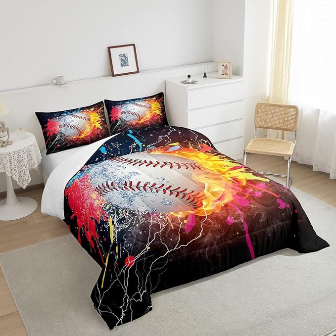 Baseball Queen Comforter Set For Boys,Tie Dye Baseball Sports Bedding Set Red Blue Fire Water Lightning Duvet Insert For All Season,Sports Baseball Quilt Soft Lightweight Bedroom Decor 2 Pillow Cases
