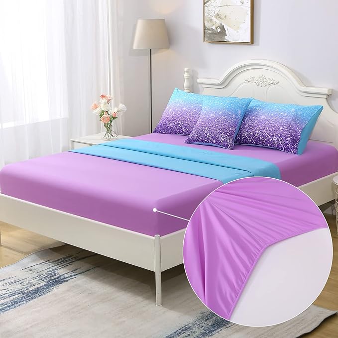 JQinHome Full Blue Purple Comforter Set, 6 Piece Bed in A Bag 3D Colorful Ombre Bedding Set for Girls Women (1 Comforter,2 Pillowcases,1 Flat Sheet,1 Fitted Sheet,1 Cushion Cover)(Blue Purple)