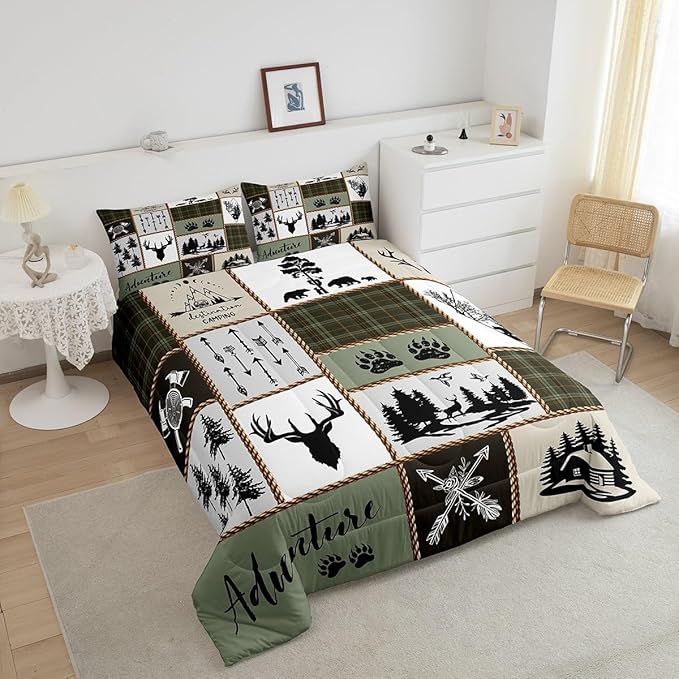 Rustic Farmhouse Kids Comforter Set Twin Size,Deer Antlers Bear Paws Plaids Patchwork Bedding Set for Boys Girls Adults Room Decor,Pine Trees Arrows Down Comforter,Retro Duvet Insert,1 Pillowcase