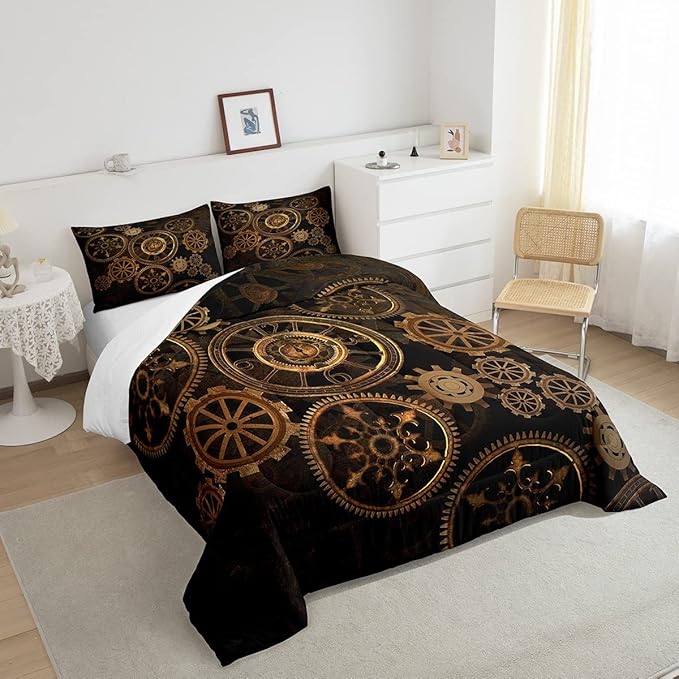 Golden Ndustrial Gear Comforter Set Full Size Steampunk Style Bedding Set Clocks Theme Bedding Sets & Collections For Kids Boys Teens Men Mechanical Device Quilt Set,Retro Style Bedroom Decor