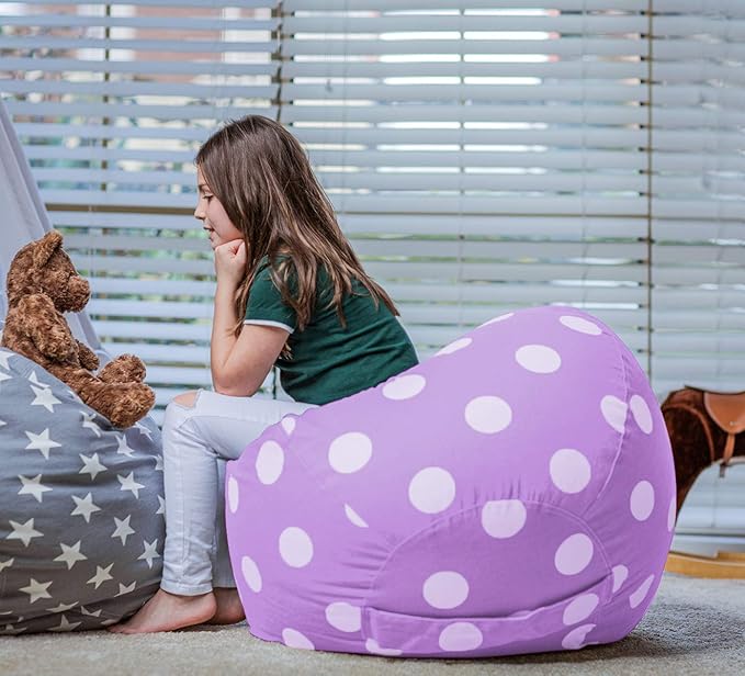 Wekapo Stuffed Animal Storage Bean Bag Chair Cover for Kids | Stuffable Zipper Beanbag for Organizing Children Plush Toys Large Premium Cotton Canvas (Purple Dot, X-Large)