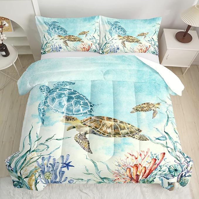 CVHOUSE Sea Turtle Comforter Sets King for Ocean Lovers,Turtle Beach Bedding Sets King Set,Turtle Bedspread,Turtle Duvet,Turtle Bed Set,Turtle Quilt Set 3 Pcs 1 Comforter and 2 Pillowcases