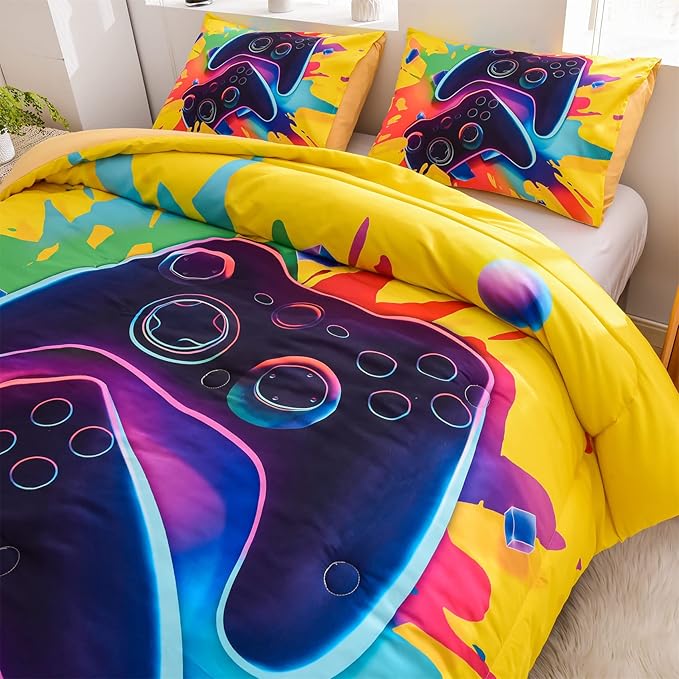 Aimuan Gamer Gaming Bedding Sets 3D Gamepad Comforter Sets for Boys Games Console Action Buttons Novelty Colorful Game Controller Modern Room Decor Home Quilt Set (Queen, Yellow)