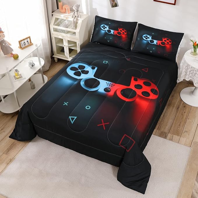 Erosebridal Boys Gamepad Comforter Set Queen,Play Gamer Bedding Set Kid Young Man Video Games Down for Teen Child Game Room Decor Black Classic Retro Gaming Quilt Duvet Set with Controller Button