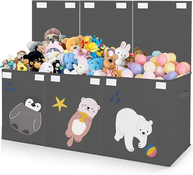 Large Toy Box Storage Chest,Sturdy Toys Storage Organizer Bin Basket with Dividers and Lids for Toddlers,Boys,Girls,Nursery,Closet,Living Room Area,Playroom(Grey Animals)