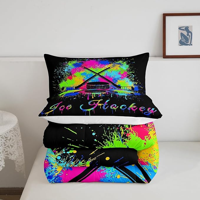 Feelyou Kids Ice Hockey Comforter Set Queen Size Gaming Sports Bedding Set for Boys Girls Teens Bedroom Decor Ice Sports Games Tie Dye Comforter Hockey Player Duvet Set with 2 Pillow Case
