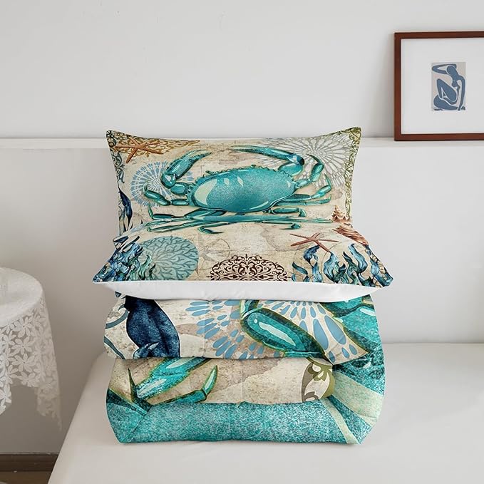 Sea Beach Theme Comforter Set Kids Beach Crabs Print Queen Bedding 3D Sea Animal Crab Luxury Microfiber Quilted Duvet Set with 2 Pillowcases,Soft Lightweight Marine Life Decorative Bedding Soft Fluffy