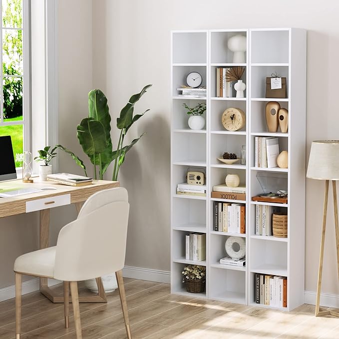 FOTOSOK 8-Tier Media Tower Rack, 11.6 X 9.3 X 70.9 Inches CD DVD Slim Storage Cabinet with Adjustable Shelves, Tall Narrow Bookcase Display Bookshelf for Home Office, white