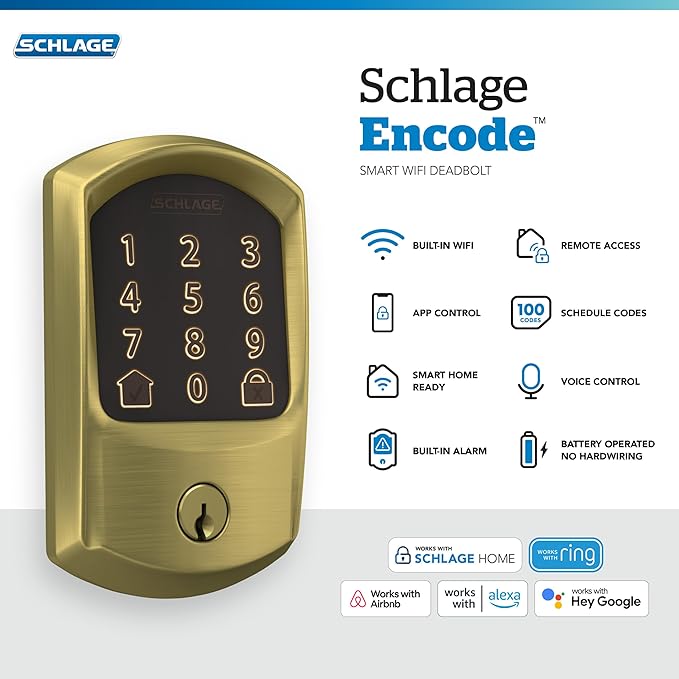 Schlage Encode Smart WiFi Deadbolt Lock for Front Door - Keyless Entry with App or Touchscreen - Works with Alexa, Apple HomeKit, Hey Google, & Airbnb - Create Codes for Guests - Satin Brass Gold