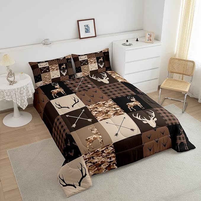 Camo Deer Antlers Kids Comforter Set Twin Size,Animal Arrow Silhouette Bedding Set,Girls Boys Adults Home/Xmas Cabin Decor,Lattice Patchwork Down Comforter,Brown Rustic Duvet Insert,2pcs,1 Pillowcase