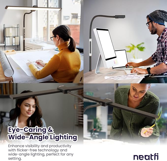 Neatfi Modern Desk Lamp with Clamp, Touch & Remote Controlled, 15W, Adjustable Color Temperature (3000K-6000K), Stepless Dimming, Flicker-Free, Wide-Angle Lighting for Home (Gooseneck, Black)