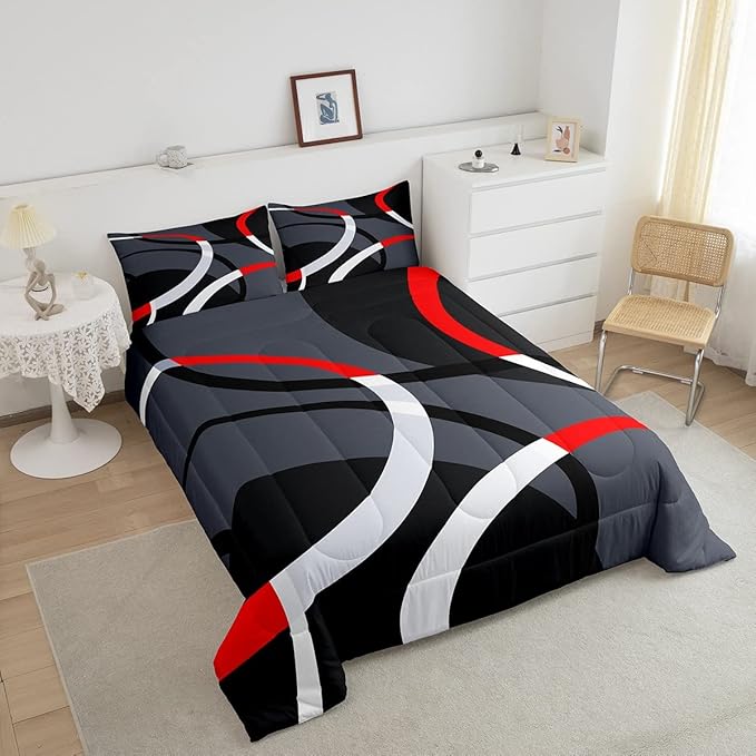 Feelyou Geometric Circle Comforter Set Red Grey and Black Comforter for Kids Boys Girls Teens Geometry Bedding Set Breathable Abstract Art Duvet Set Modern Luxury Room Decor Quilt Set King Size