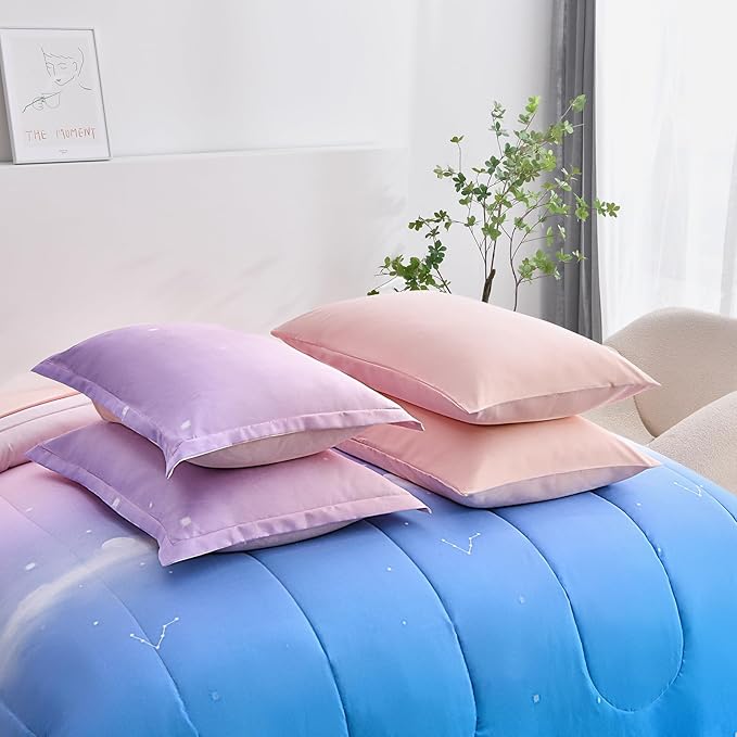 Dinjoy Girls Comforter Set King Size Colorful Rainbow Ombre Pink Blue Bedding Set Gradient 6 Pieces Bed in A Bag for Kids Teen Girl Women(1 Comforter, 1 Flat Sheet, 1 Fitted Sheet)