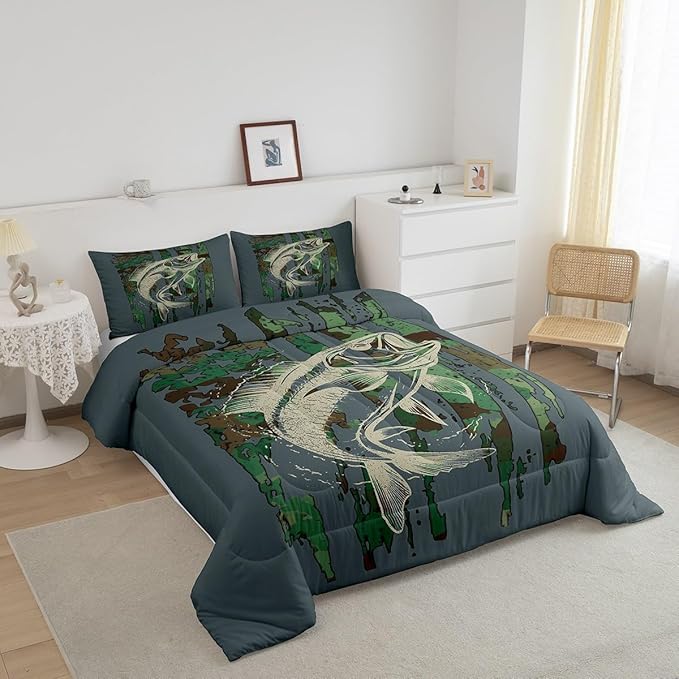 Bass Fish Comforter Set Full Size Green Camouflage Bedding Set for Fishing Lover Gifts Boys Girls Camo Pike Fish Fishing Comforter Wild Fisherman Bed Set Rustic Cabin Bedroom Decor