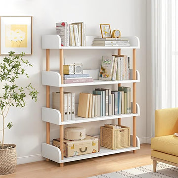 4-Tier Wooden Open Bookcase - Modern Display Bookshelf with Side Panels and Solid Wood Frame for Home and Office, Storage Cabinet, Warm White