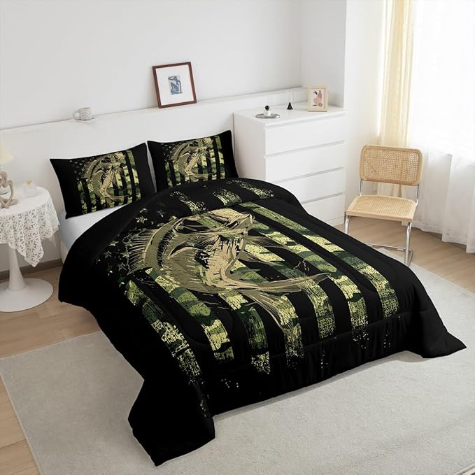 Bass Fish Camouflage Comforter Set King Pike Fish Camo Bedding Set for Women Men Room Kids Farmhouse Fishing Decor Comforter Fishman Wild Quilt Set Down Comforter Green Black King Size