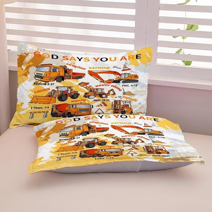 Kids Construction Vehicles Truck Comforter for Boys Queen,Cartoon Car Excavator Tractor Bedding Set,Construction Christian Spirational Quotes Comforter with 2 Pillowcases Yellow
