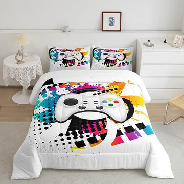 Kids Gaming Comforter Set Twin Gamer Bedding Set, Modern Console Game Controller Duvet Set For Boys Girls Teens, White Gamepad Quilt Set, Tie Dye Colorful Comforter Set Grey White Soft Bedding Set