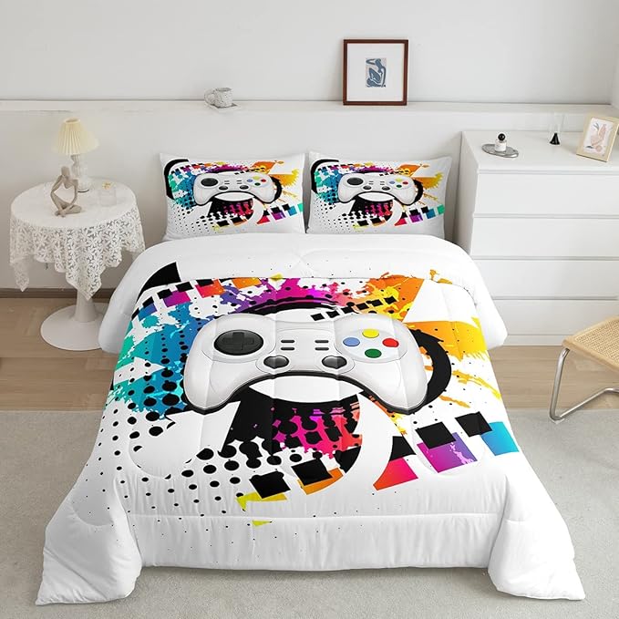 Kids Gaming Comforter Set Twin Gamer Bedding Set, Modern Console Game Controller Duvet Set For Boys Girls Teens, White Gamepad Quilt Set, Tie Dye Colorful Comforter Set Grey White Soft Bedding Set