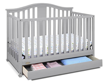 Graco Solano 4-in-1 Convertible Crib with Drawer (Pebble Gray) – GREENGUARD Gold Certified, Crib with Drawer Combo, Includes Full-Size Nursery Storage Drawer, Converts to Toddler Bed and Full-Size Bed