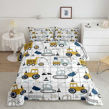 Construction Comforter Set Full Size Kids Excavator Tractor Toddler Comforter Cartoon Car Equipment Trucks Plaid Grid Comforter Set Construction Vehicles White Yellow Duvet Set