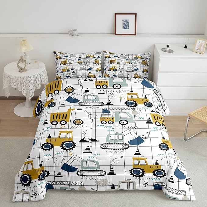 Construction Comforter Set Full Size Kids Excavator Tractor Toddler Comforter Cartoon Car Equipment Trucks Plaid Grid Comforter Set Construction Vehicles White Yellow Duvet Set