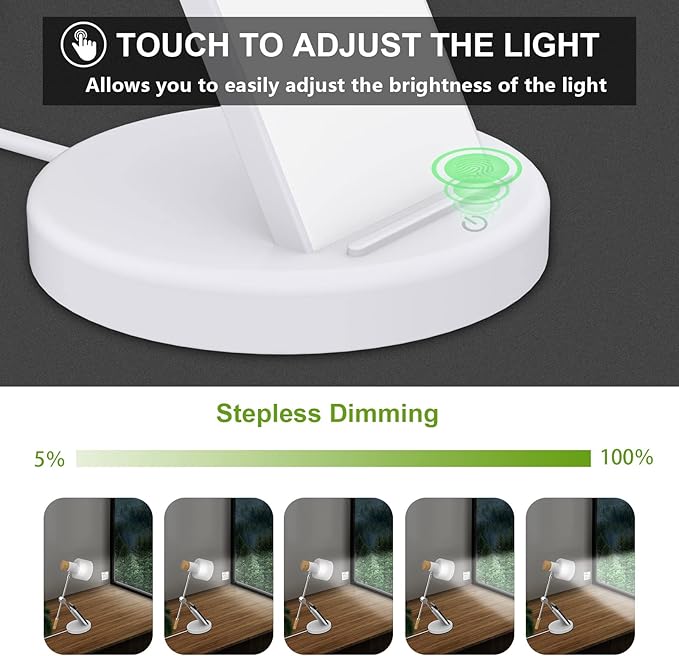 LED Desk Lamp, 180° Adjustable Desk Lamp for Home Office, Swing Arm Dimmable LED Table Lamp with Wireless Charger for Table Bedside Home Office Study, 6500K, 7W
