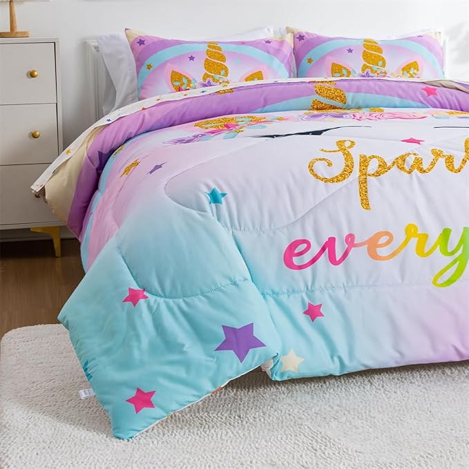 NTBED Unicorn Twin Comforter Set with Sheets,5 Pieces Kids Bedding Sets for Girls, Lightweight Microfiber Star Rainbow Bed in a Bag,Blue Purple