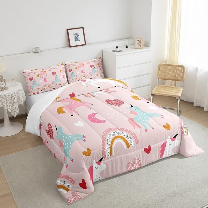 Feelyou Girls Unicorn Comforter Set Queen Size Kids Cute Pink Rainbow Horse Decor Comforter for Unicorn Lover Daughter Bedding Set Boho Star Moon Duvet Set (1 Comforter + 2 Pillowcases, Queen)