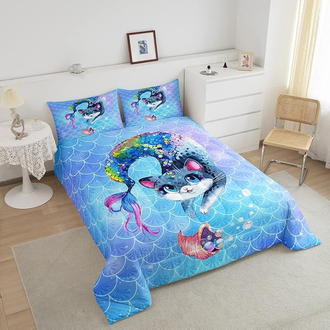 Rainbow Cartoon Cat Bed Sheet Set Colorful Mermaid Comforter Set for Kids Boys Girls Teens Room Decor Blue Mermaid Scales Bedding Set Set Ocean Gradient Bed Cover 3Pcs Full Size Boys