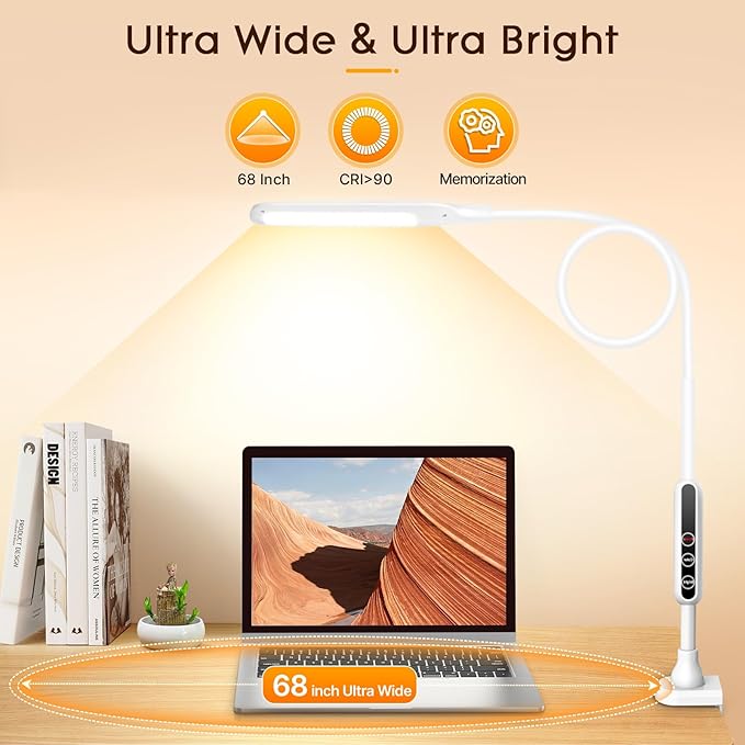 LED Desk Lamp with Clamp, Workbench Light, 10W Eye-Caring Desk Lights, 5 Brightness Levels with Remote Control, Flexible Gooseneck Task Lamp for Office Work Drawing Study Lamp (White)