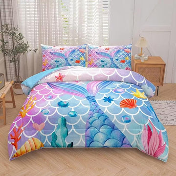 NINENINE Full Size Bedding Sets 5PCS Girls Mermaid Comforter Set Princess Toddler Bedding Sets Glitter Comforter Set(1Comforter, 1Flat Sheet, 1Fitted Sheet, 2Pillowcases)…