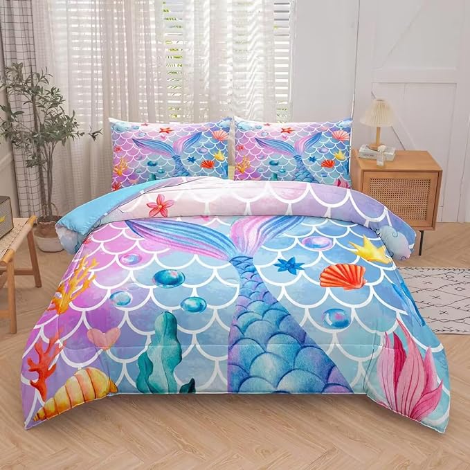 NINENINE Full Size Bedding Sets 5PCS Girls Mermaid Comforter Set Princess Toddler Bedding Sets Glitter Comforter Set(1Comforter, 1Flat Sheet, 1Fitted Sheet, 2Pillowcases)…