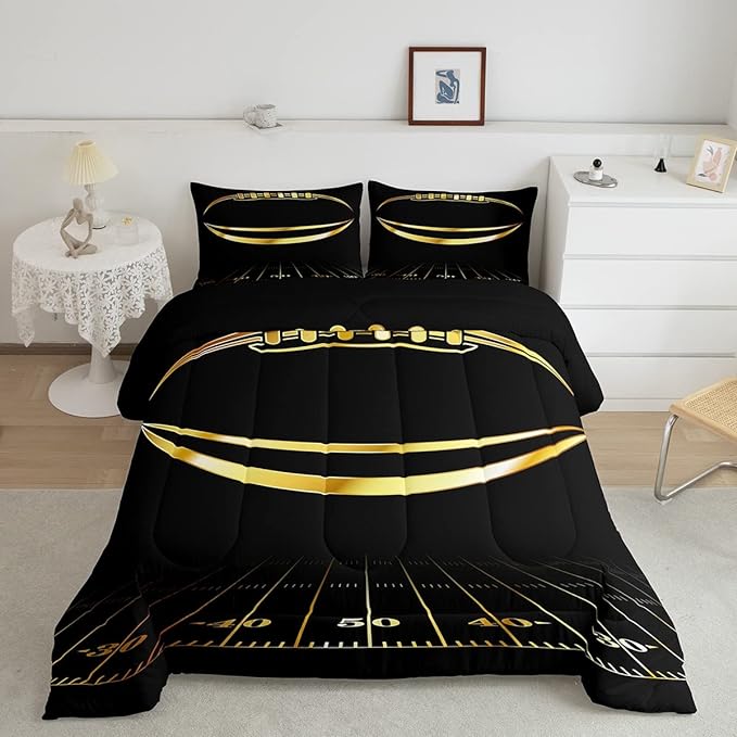 Football Bedding Set Full Kids Rugby Sports Comforter Set American Football Comforter Set for Boys Golden Black Room Decor Lightweight Quilt Set with 2 Pillow Case