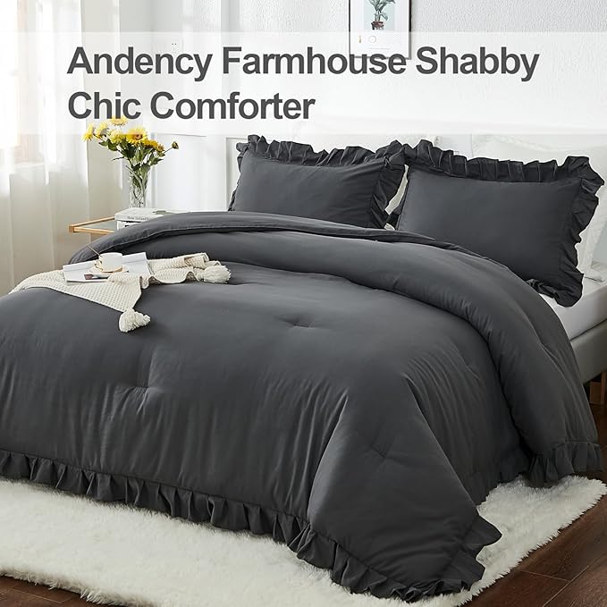 Andency Queen Comforter Set Dark Gray, 3 Pieces Boho Lightweight Summer Solid Bedding Comforters & Sets, Double Women Men Grey Ruffle Farmhouse Bed Set (90x90In Comforter & 2 Pillowcases)