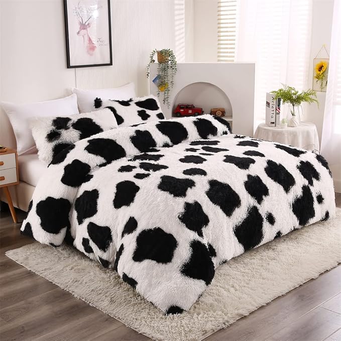 Faux Fur Kids Girls Cow Print Comforter Sets Twin/Full - 3PC Bed Set Warm Comfortable Soft Plush Flannel Velvet Fluffy Fuzzy Bedding（Comforter x 1 Pillowcases x 2）