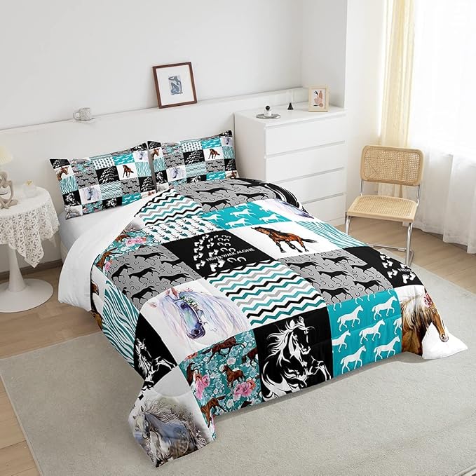 Horse Bedding,Western Farmhouse Horse Comforter Set For Girls Twin Bed,Boho Arrow Teal Zebra Stripe Comforter For Kids Boys Women,Rose Flower Rustic Cowboy Quilt Duvet sets 1 Pillowcases Black White