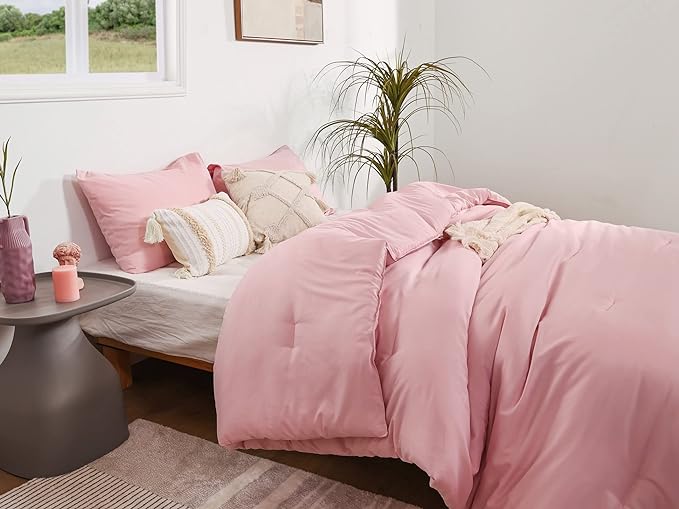 ROSGONIA Twin Comforter Set for College Girls Boys Pink, 1 Boho Comforter & 1 Pillowcase, Lightweight Kids Comforter Set All Season Dorm Bedding