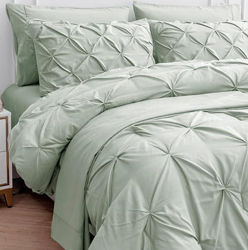 LANE LINEN Queen Size Comforter Set with Sheets, 7 Piece Comforter Set Queen Size, Pintuck Queen Comforter Set, Soft Queen Bed Set, Queen Size Bedding Comforter Sets, Queen Bed in Bag Set - Mineral