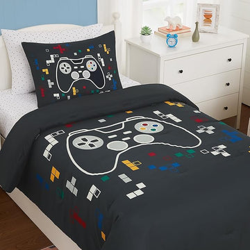 KALEIDOSPACE Kids Bedding Sets for Boys Girls, Glow in The Dark 5 Piece Gamer Twin Bed in A Bag, Ultra Soft Microfiber Kids Bedding for All Season (66"X86"