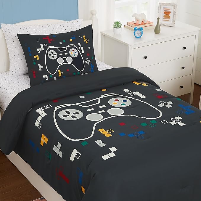 KALEIDOSPACE Kids Bedding Sets for Boys Girls, Glow in The Dark 5 Piece Gamer Twin Bed in A Bag, Ultra Soft Microfiber Kids Bedding for All Season (66"X86"